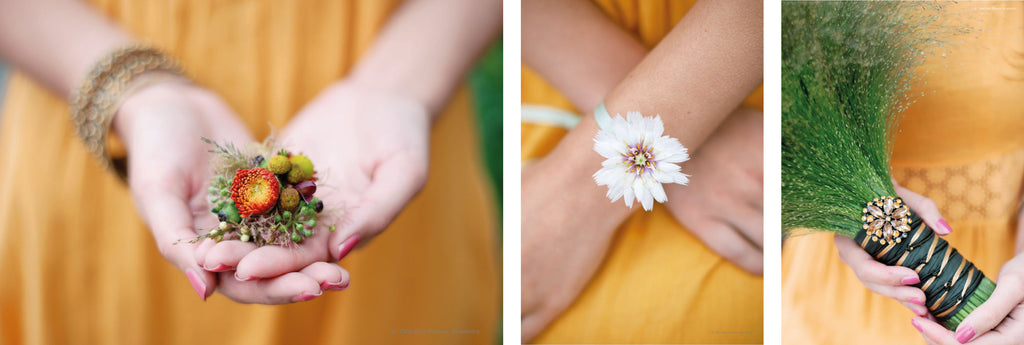 three imges of a girl hands holding flowers