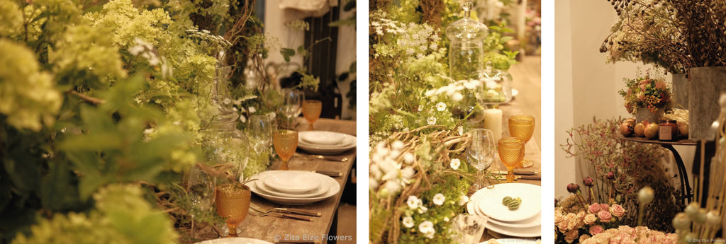 details of a dining table decorated with flowers