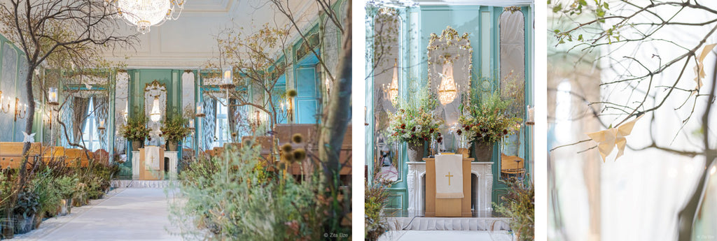 chapel interior decorated with flowers for a wedding