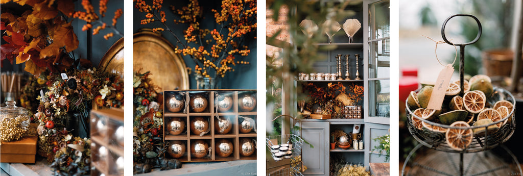 a wreath, christmas baubles and oother christmas products all on the orange-brown tint