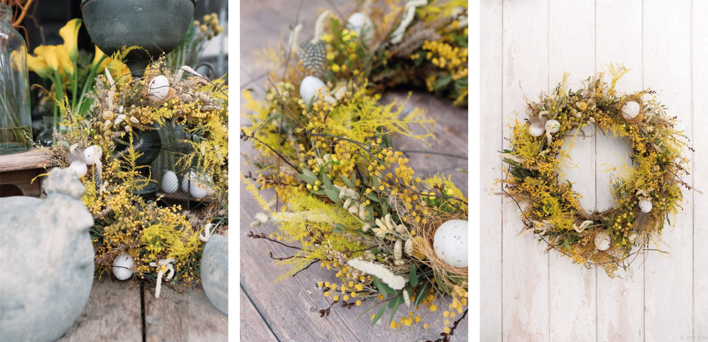 mimosa flower and dried leaves yellow garland