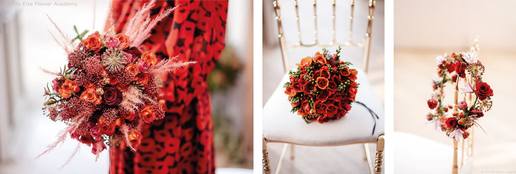 two red and burgundy flower bouquets and a flower crown