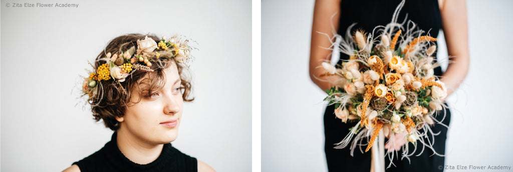 Woman with a flower crown and arms holding a bouquet
