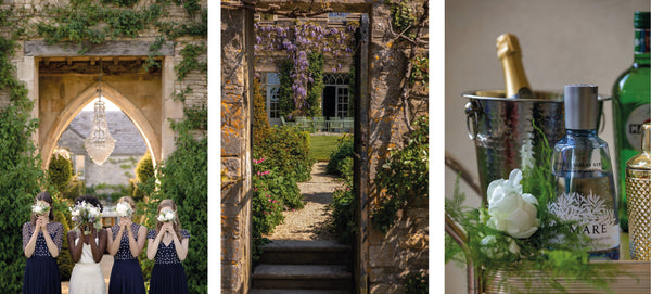 bride and bridesmades and a courtyard