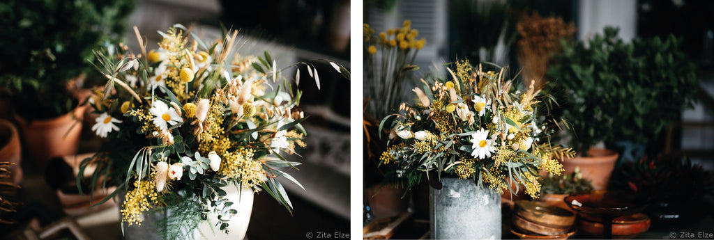 flower bouquet with mimosa and daises