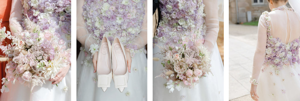 bride dress with flower embroidery detail and bouquet and shoes detail