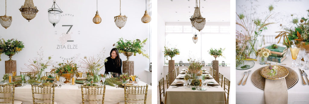 dining table decorated with flower arrangements