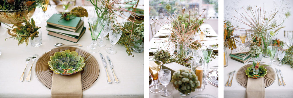 details of a dining table set up with flower arrangements