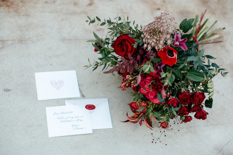 Valentine flower bouquet and hand written calligraphy card