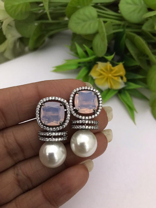 IndianDesignz Baby Pink American Diamond Wedding Jewelry in Silver Finish | Bollywood Trendy Fashion