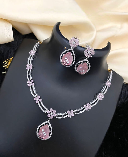 Exclusive Rhodium CZ American Diamond Wedding Choker Necklace, Tear Drop  Pink Diamond AD Choker set, Indian Pakistani style Wedding jewelry