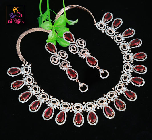 Pear shaped Pink Stone Silver American Diamond Necklace – Indian Designs