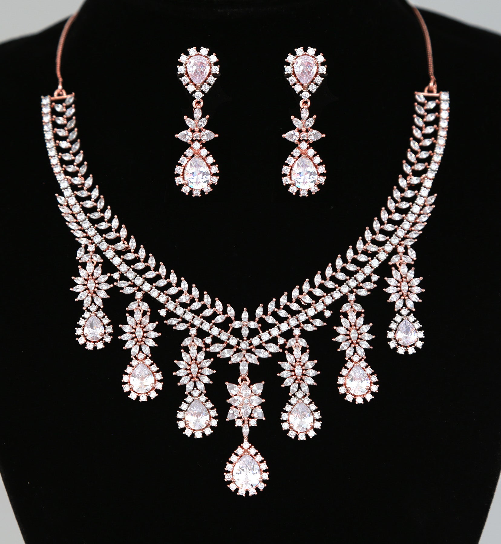 Silver American Diamond Necklace with White CZ Tear Drop stones|Indian –  Indian Designs