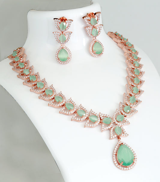 Rose gold American diamond necklace set, Crystal mint green Jewelry