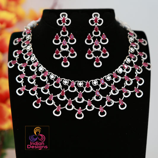 indiankundanjewelry CZ Diamonds Necklace Earrings Set, Pink Bridal Necklace Earrings Antique Jewelry Set, Statement Choker Necklace Earrings, Engagement Set