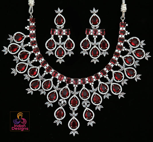 Indian Silver Plated Bollywood AD CZ Emerald Necklace Earrings Jewelry Set