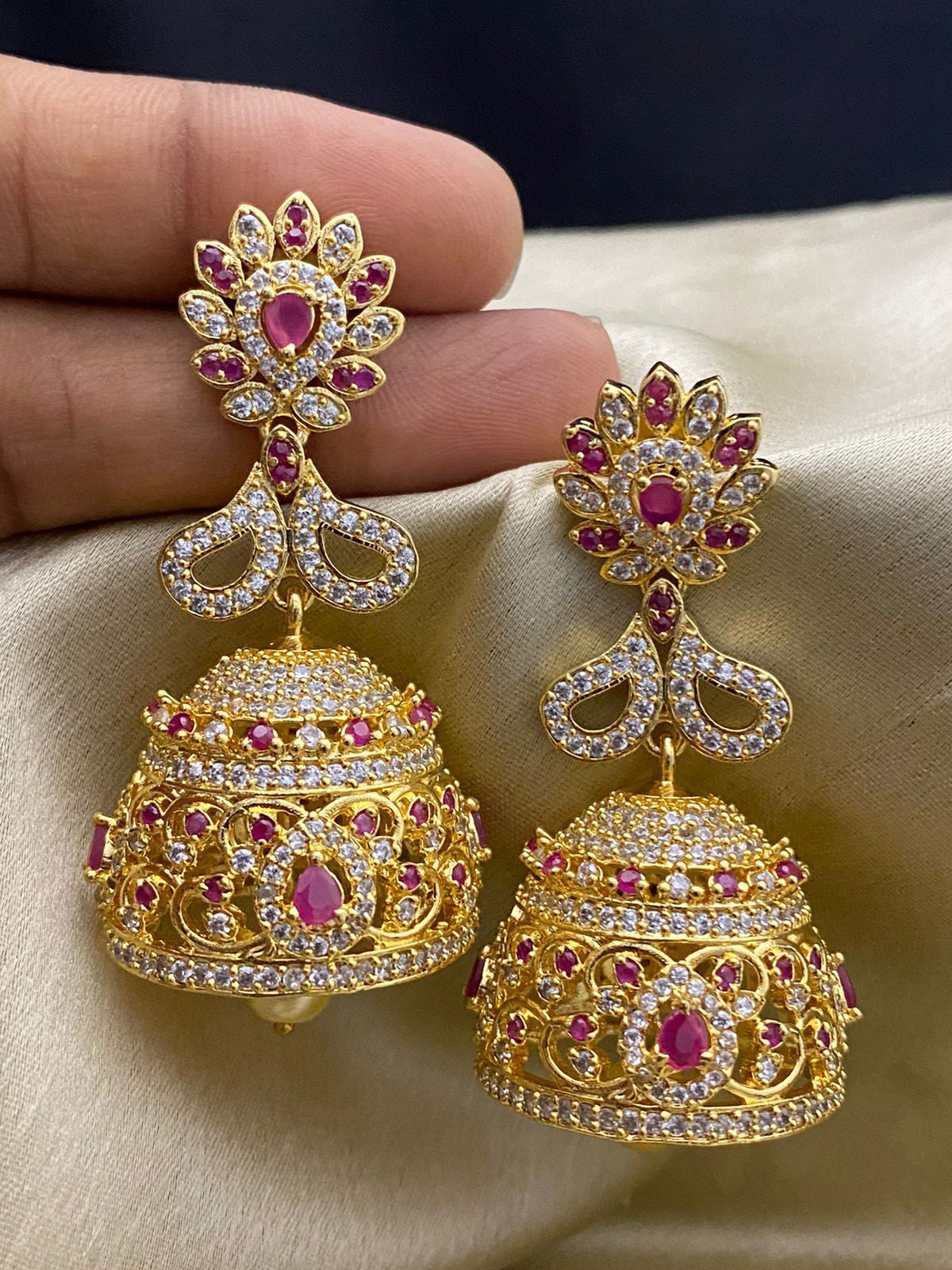 22K Gold Hoop Earrings - Jhumkas (Buttalu) - Gold Dangle Earrings With  Color Stones (Temple Jewellery) - 235-GJH2508 in 14.700 Grams