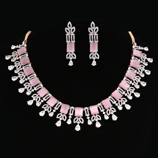 Pink Stones American Diamond Rose Gold Plated Jewellery Set