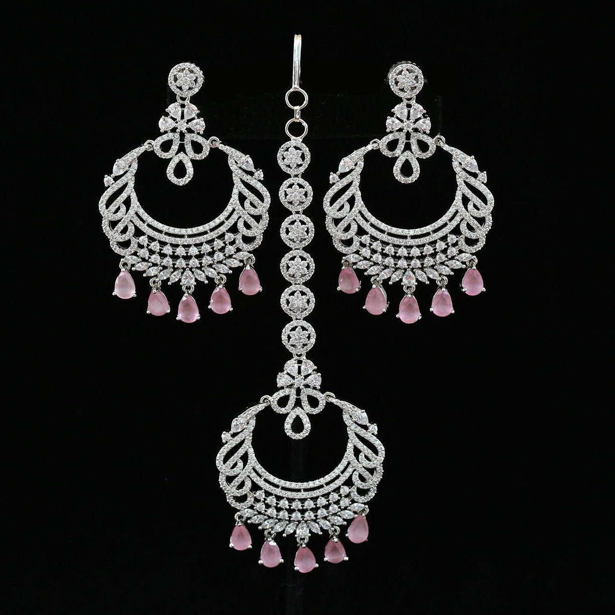 Chandbali crystal earrings tikka set Rose gold - Cz Color Stones | Pun –  Indian Designs