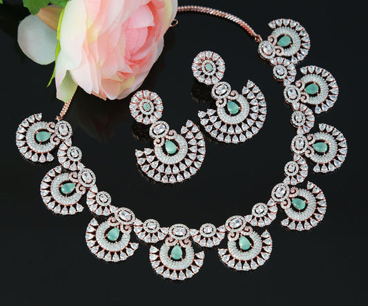 Rose gold American diamond necklace set, Crystal mint green Jewelry