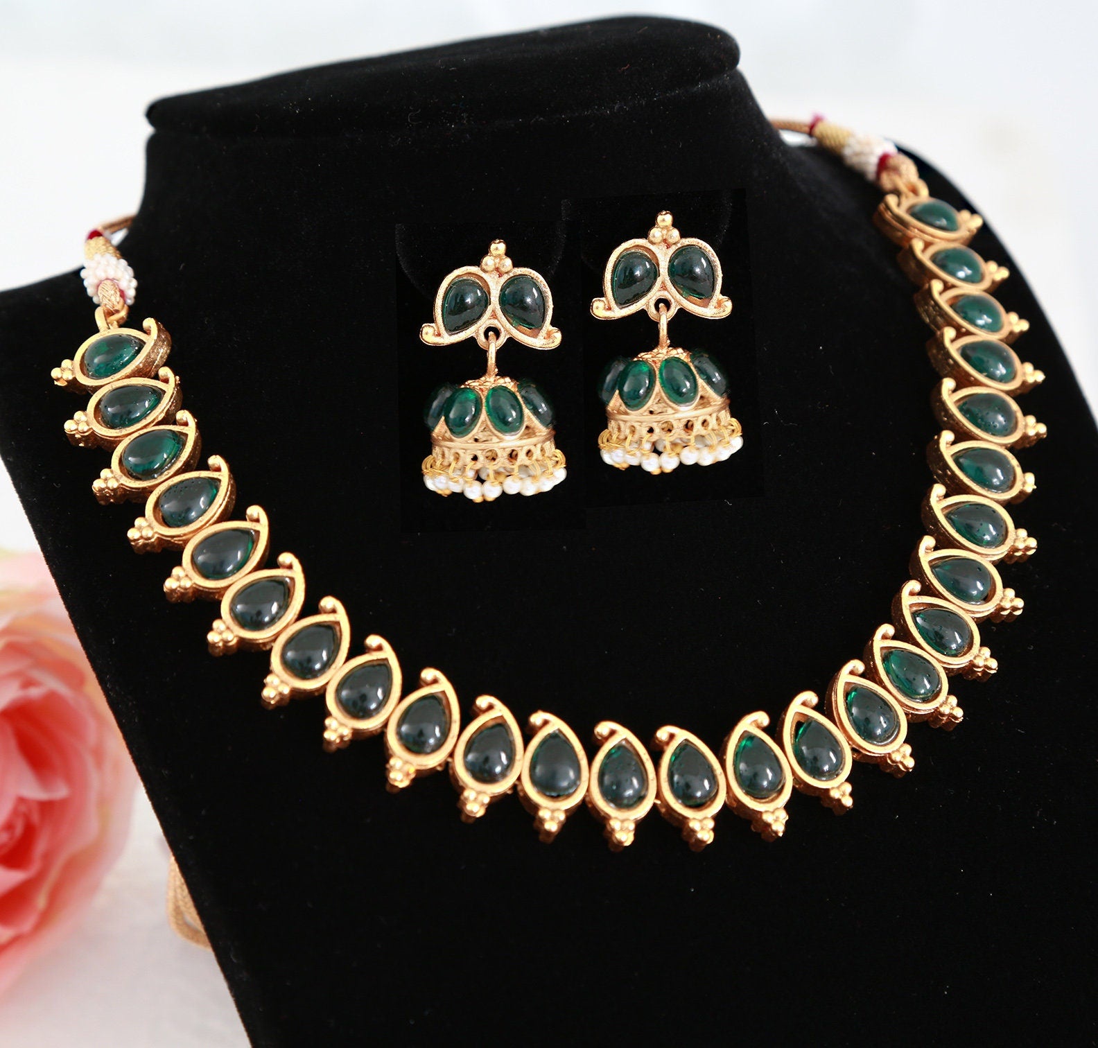 Gj Polish Necklace With Ear Rings Set And Ad Stone Design Mehandi Green  Color | Fashion Jewellery