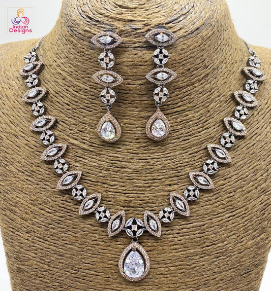 Pear shaped Pink Stone Silver American Diamond Necklace – Indian Designs