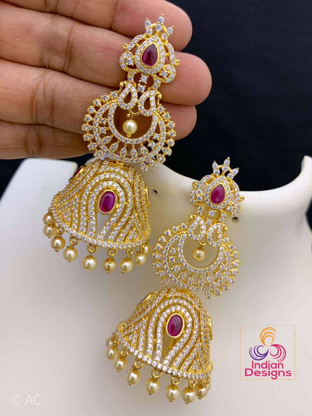 22K GOLD KASU, RUBY & 5 LAYER DISC JHUMKA EARRING WITH PEARLS HANGING –  svarnam