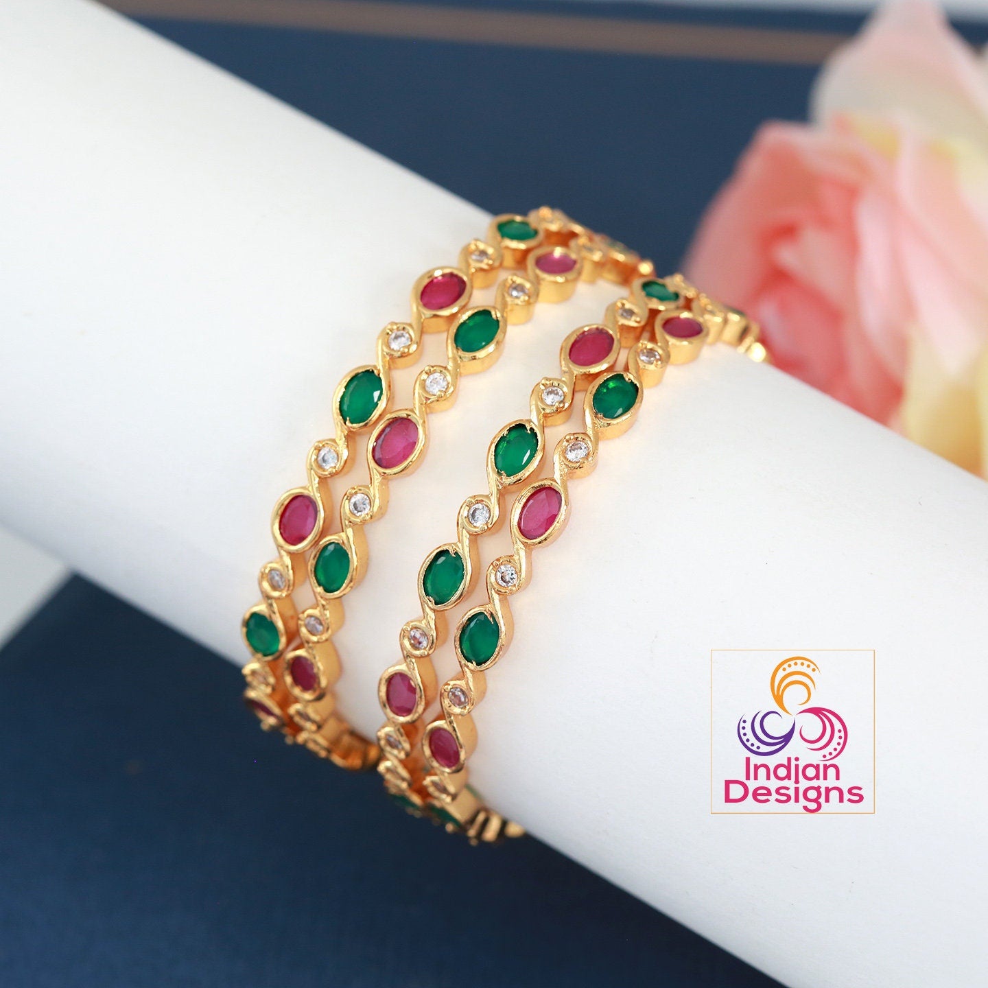 Indian Style 22K Gold Zircon Bangles Studded With Clear Ruby Pink Topaz  Cubic Zirconia - Etsy