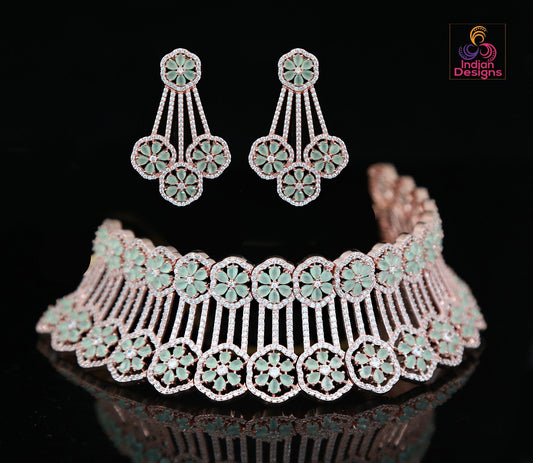 Exclusive Rhodium CZ American Diamond Wedding Choker Necklace, Tear Drop  Pink Diamond AD Choker set, Indian Pakistani style Wedding jewelry