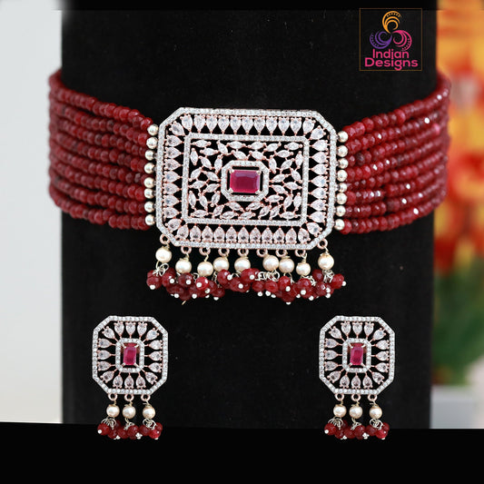 indiankundanjewelry CZ Diamonds Necklace Earrings Set, Pink Bridal Necklace Earrings Antique Jewelry Set, Statement Choker Necklace Earrings, Engagement Set
