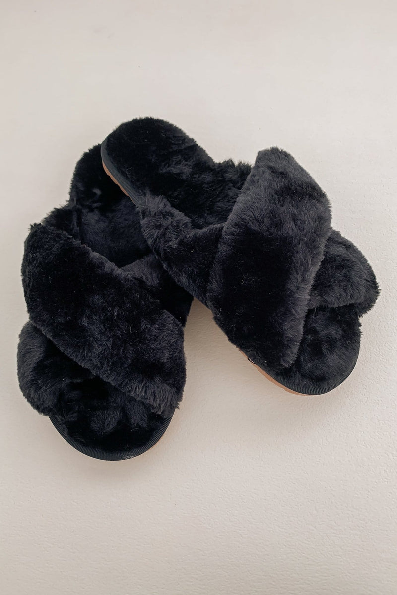 black fuzzy slippers