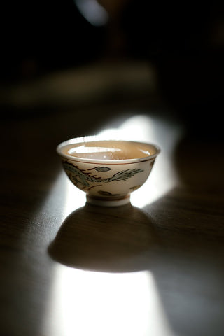 porcelain tea cup with colourful ornaments throwing a shadow