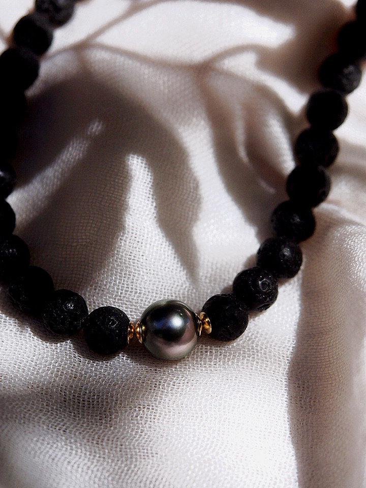 Black Tahitian Pearl Lava Bead Necklace - Roselani