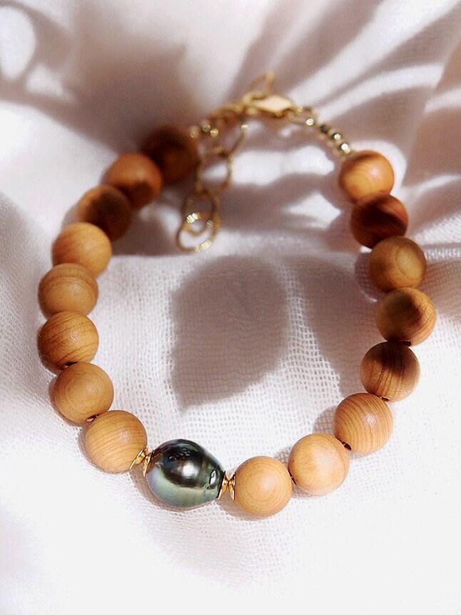 Black Tahitian Pearl Sandalwood Bead Bracelet - Roselani