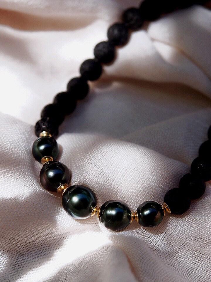 Five Black Tahitian Pearl Lava Bead Necklace - Moana