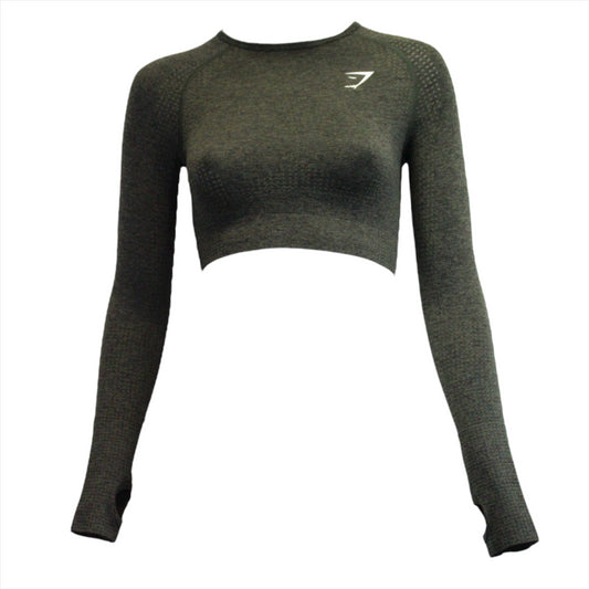 Gymshark Hyper Amplify Long Sleeve Crop Top - Black Marl/Black