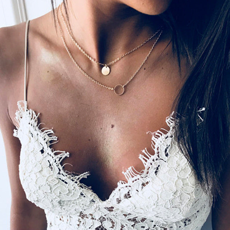 New Summer Multi Layer Sequined Choker Necklace For Women Gold Color Double Layer Round Pendant Neck