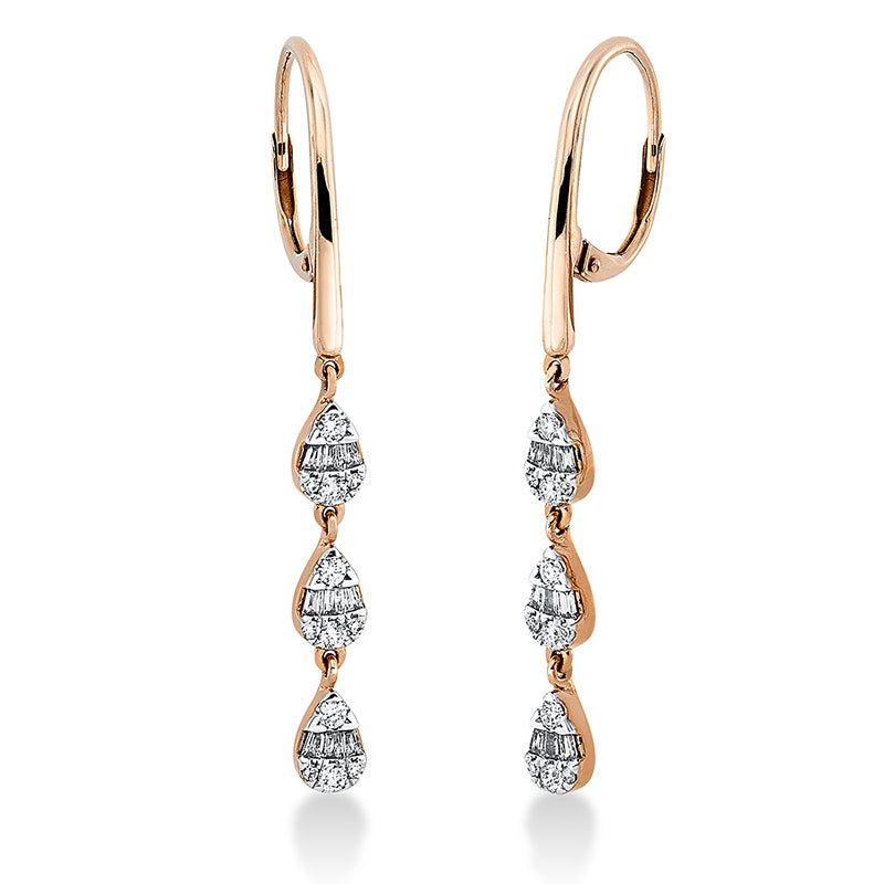 Ohrschmuck 14 kt RG. 12 Brillanten 0.05 ct. TW-si. 12 Trapeze 0.21 ct. TW-si. 12 Diamanten 0.22 ct. TW-si. H:44.0 mm. B:4.0 mm. S:1.9 mm