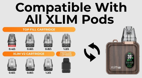 The OXVA Xlim Pro SQ kit is able to accommodate Xlim and Xlim V2 cartridges, allowing users to explore various coil resistances and inhaling styles.