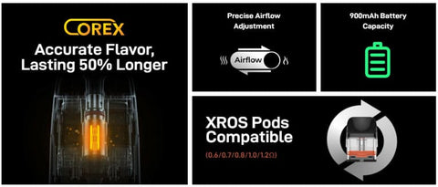 The Xros Cube vape kit welcomes a wide range of features to optimise your vaping experience. With the latest Corex heating technology in the Xros Pods, combined with adjustable airflow, powered by a built-in 900mAh battery
