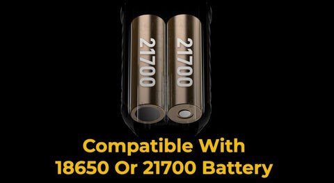 The Armour Max presents compatibility with both 18650 and 21700 batteries, allowing users to switch between them for alternate battery packs. This provides a dual battery capacity and the convenience of replaceable rechargeable batteri