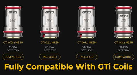 The Armour Max's iTank 2 is compatible with the full range of GTi coils, and the set includes a 0.2 Ohm and 0.4 Ohm GTi coil to get you up and running.