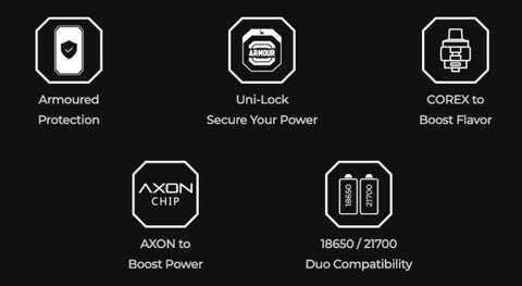 The Armour S sub ohm kit boasts a device locking button, Corex mesh coils, and an Axon chip that delivers increased flavour.