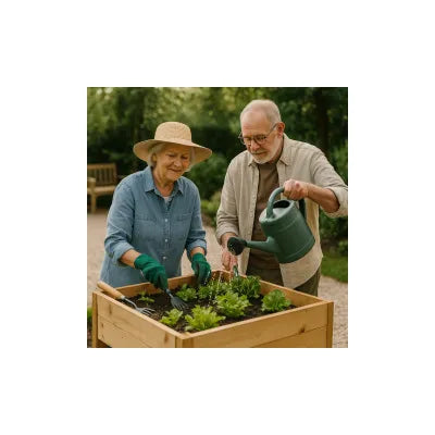 Senior gardener tending a raised bed with lightweight tools on a wide path for safe, low-strain work