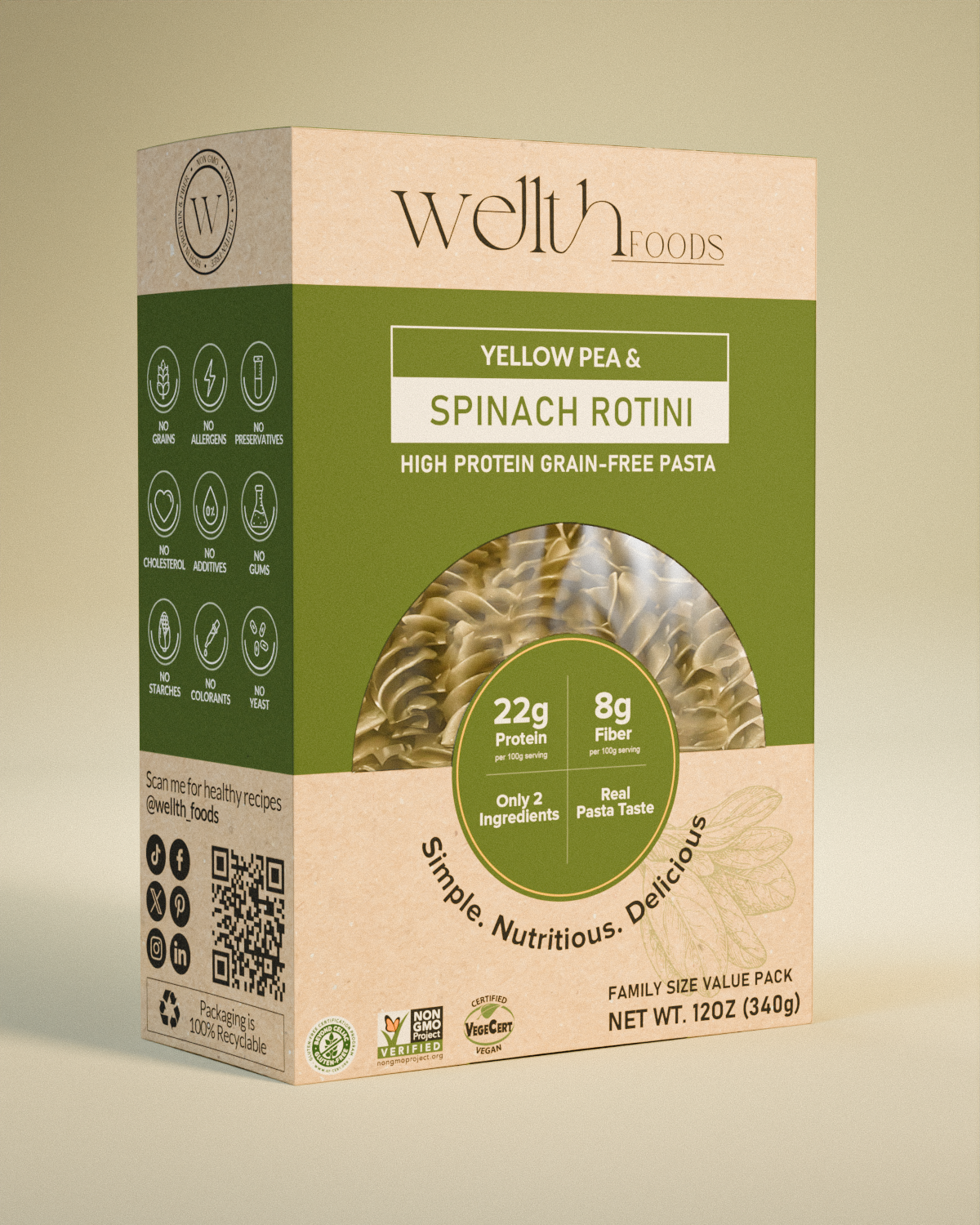 Spinach rotini packaging high protein grain-free pasta