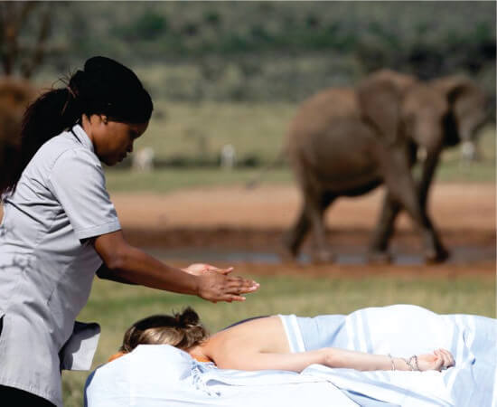 elefante pasando cerca de una joven masajista dando un masaje de espalda a una mujer atractiva en un campo abierto en Masai Mara en Masai Mara Sopa Lodge Safari tour