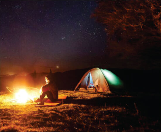 man sitting near bright burning bonfire and tent at nighttime, enjoying camping night on 3-days Masai Mara budget camping safaris in Kenya