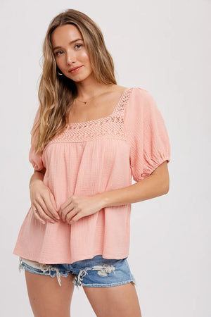 Crochet Lace Trim Top - american honey