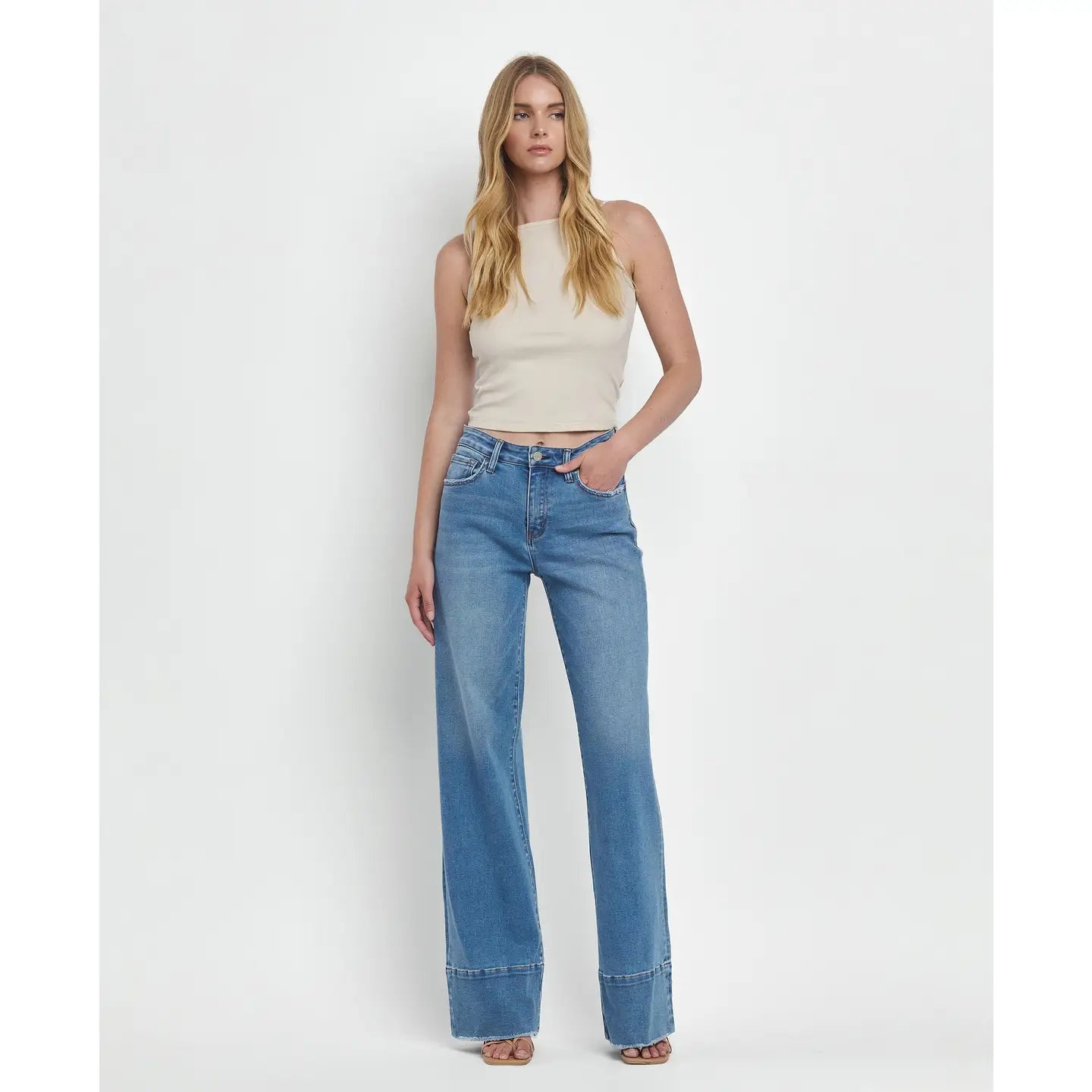 High Rise Raw Hem Wide Leg Jeans