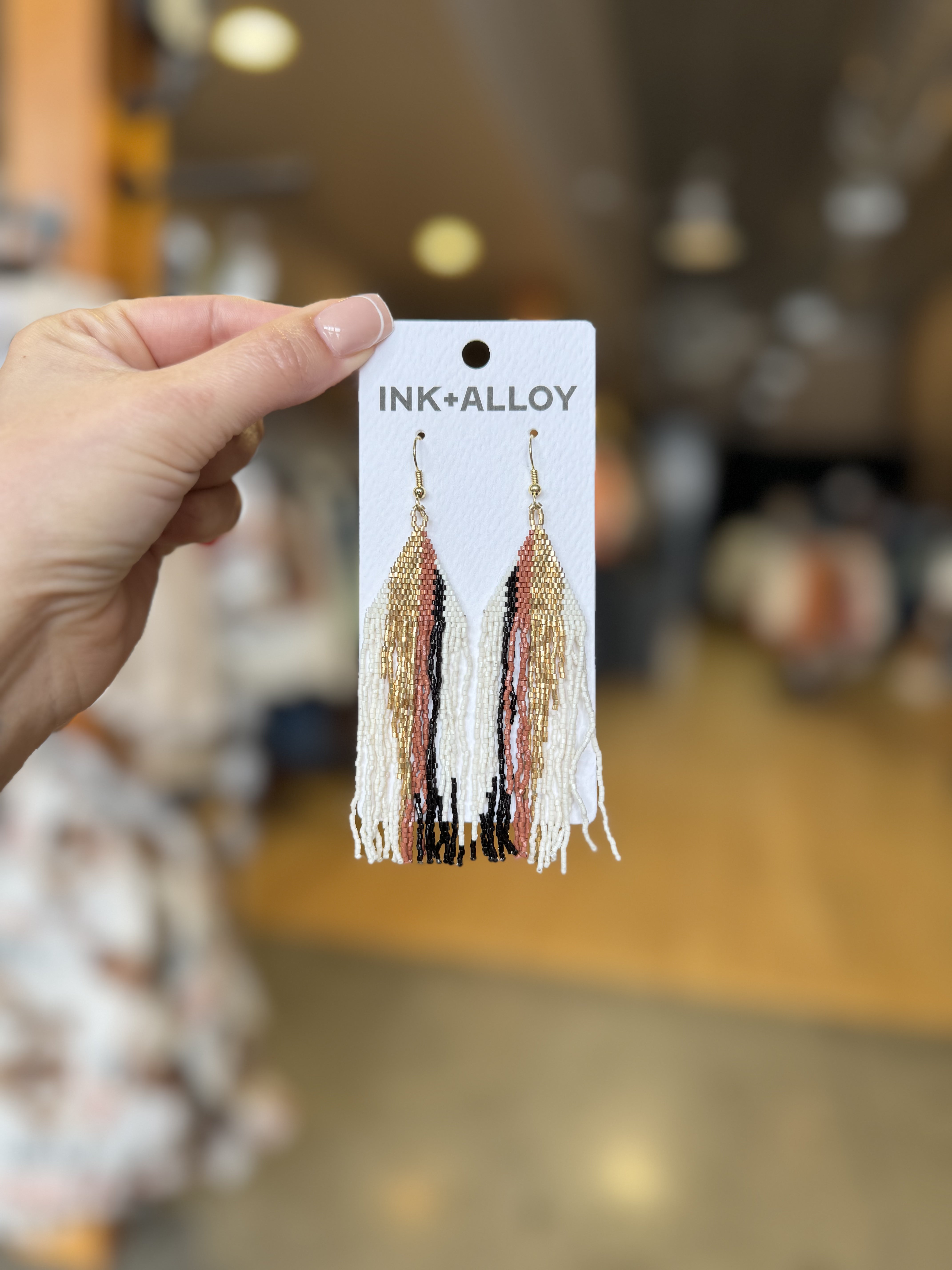 Camielle Abstract Stripe Beaded Fringe Earrings Mixed Metallic